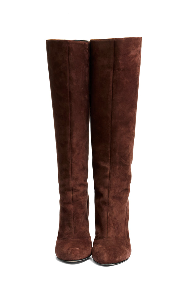 Alberto Moretti FW18 chestnut suede knee-high boots IT39 front view