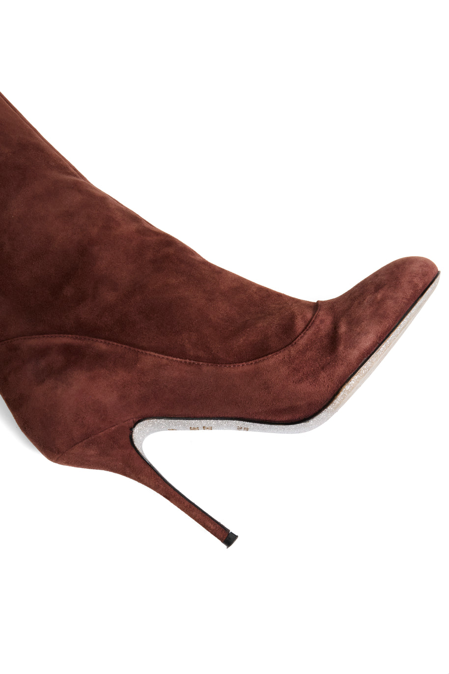 Alberto Moretti FW18 chestnut suede boot stiletto heel and toe detail