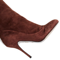 Alberto Moretti FW18 chestnut suede boot stiletto heel and toe detail