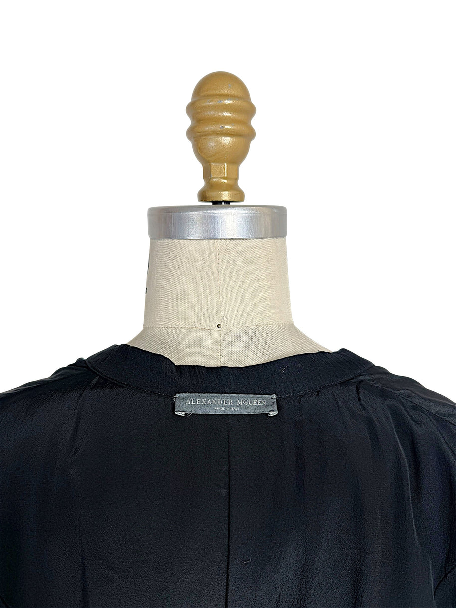 Original Alexander McQueen Made in Italy designer label stitched into the interior neckline of the Pre-Fall 2016 silk chiffon dress.
