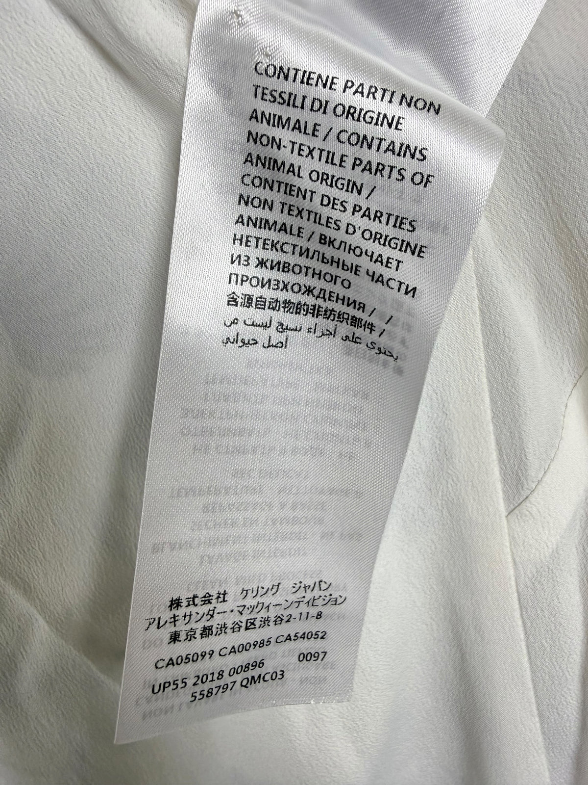 Alexander McQueen Resort 2019 silk dress interior care and manufacturing label with garment identification details
