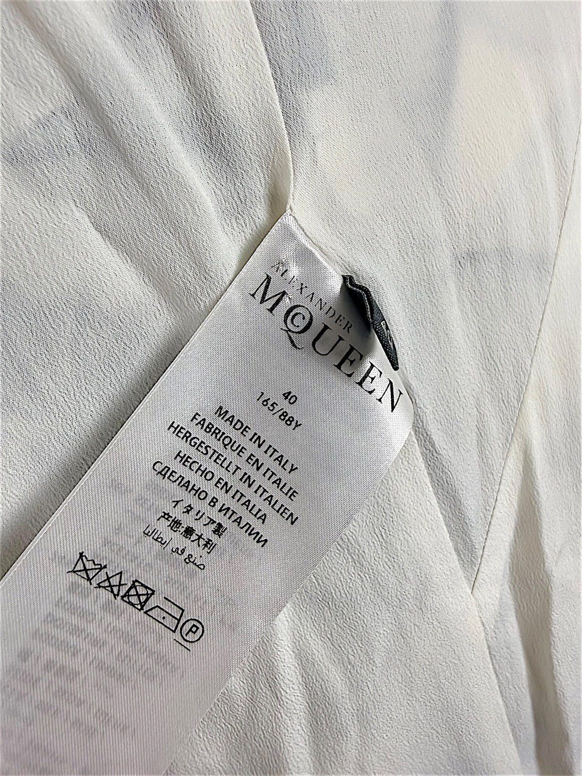 Alexander McQueen Resort 2019 seashell print silk dress interior label showing IT size 40 and Made in Italy