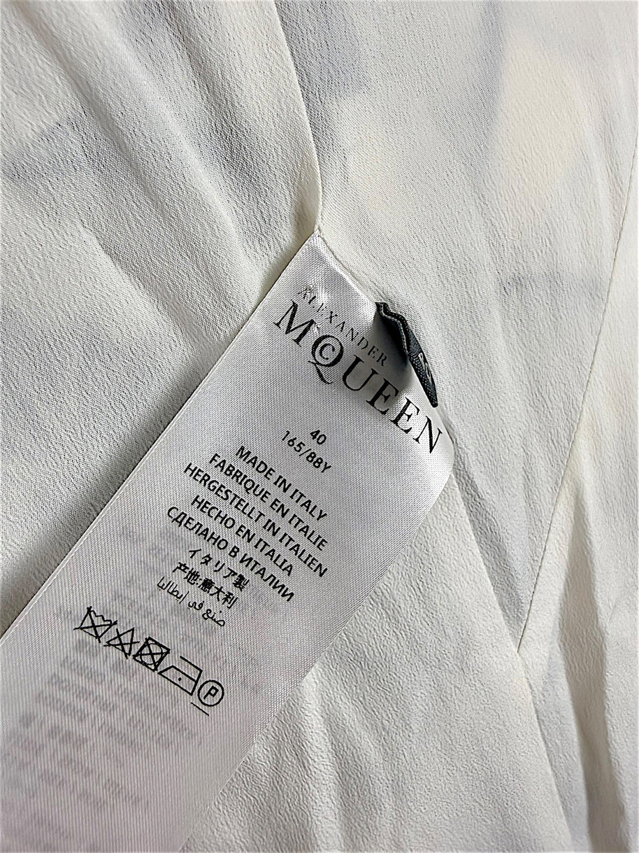 Alexander McQueen Resort 2019 seashell print silk dress interior label showing IT size 40 and Made in Italy