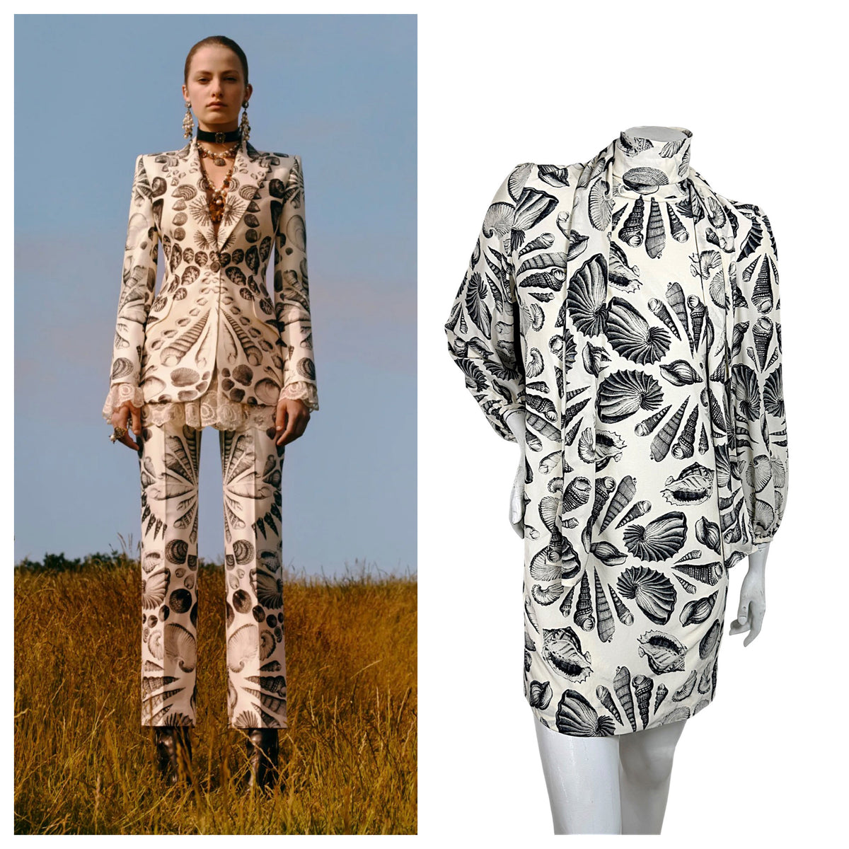 Alexander McQueen Resort 2019 Look 37 seashell print reference shown beside silk scarf-tie dress
