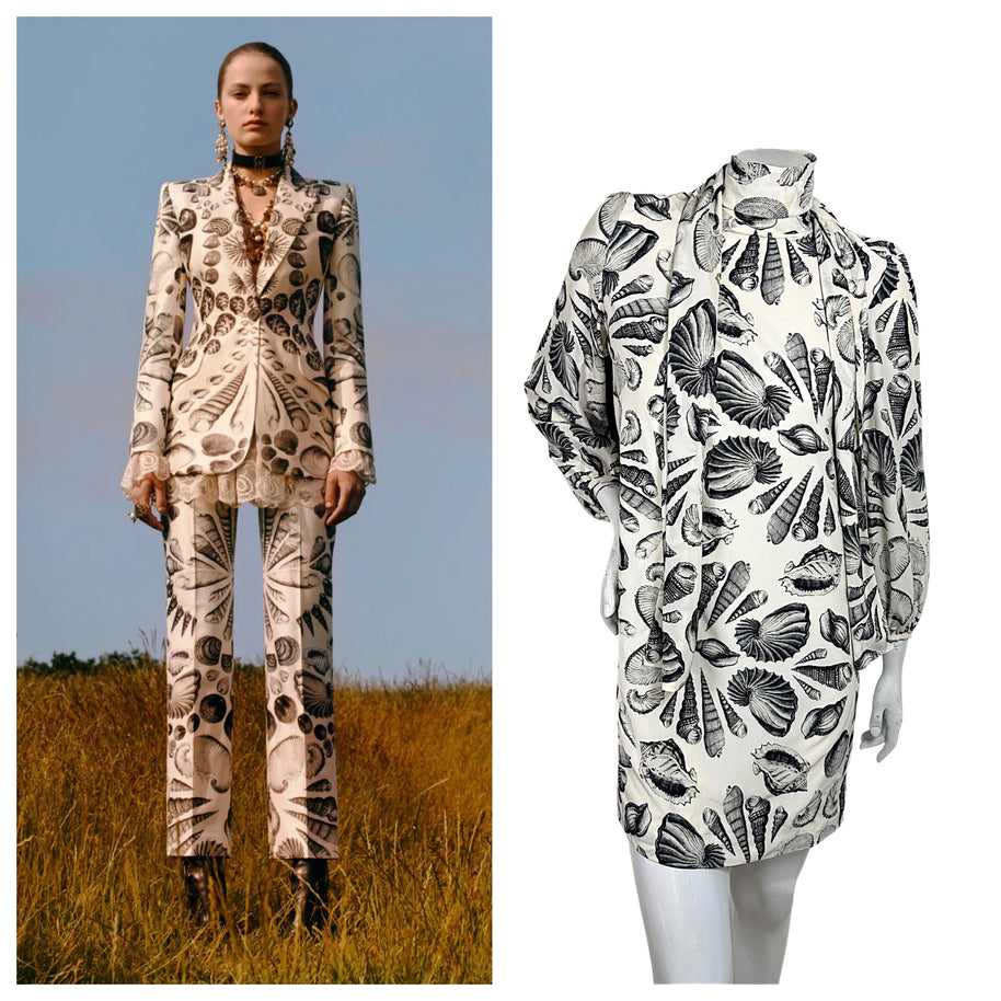 Alexander McQueen Resort 2019 Look 37 seashell print reference shown beside silk scarf-tie dress