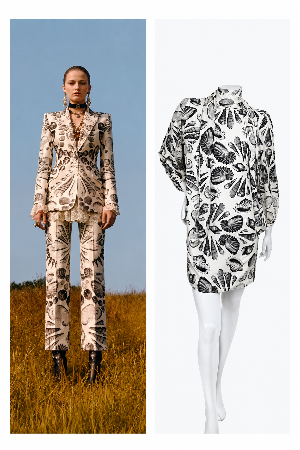 Alexander McQueen Resort 2019 seashell print runway Look 37 alongside coordinating seashell print dress on mannequin