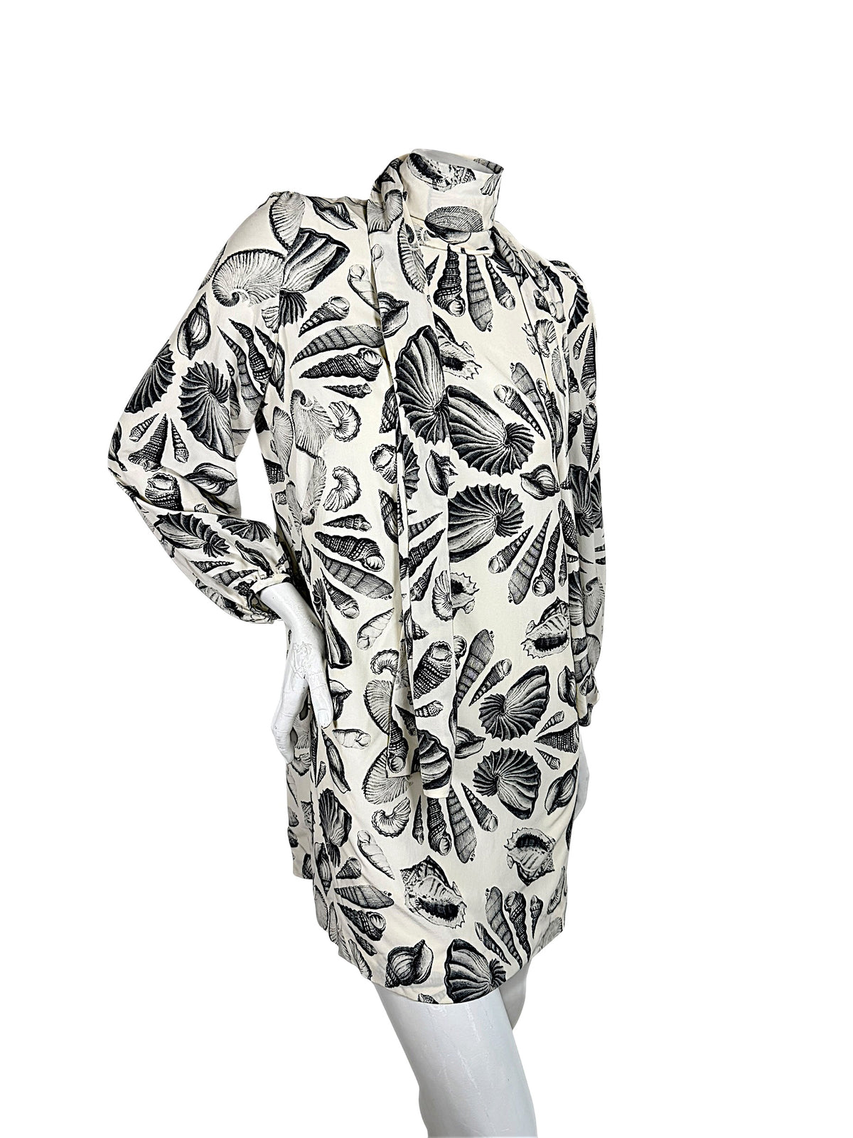 Alexander McQueen Resort 2019 seashell print silk scarf-tie mini dress angled front view