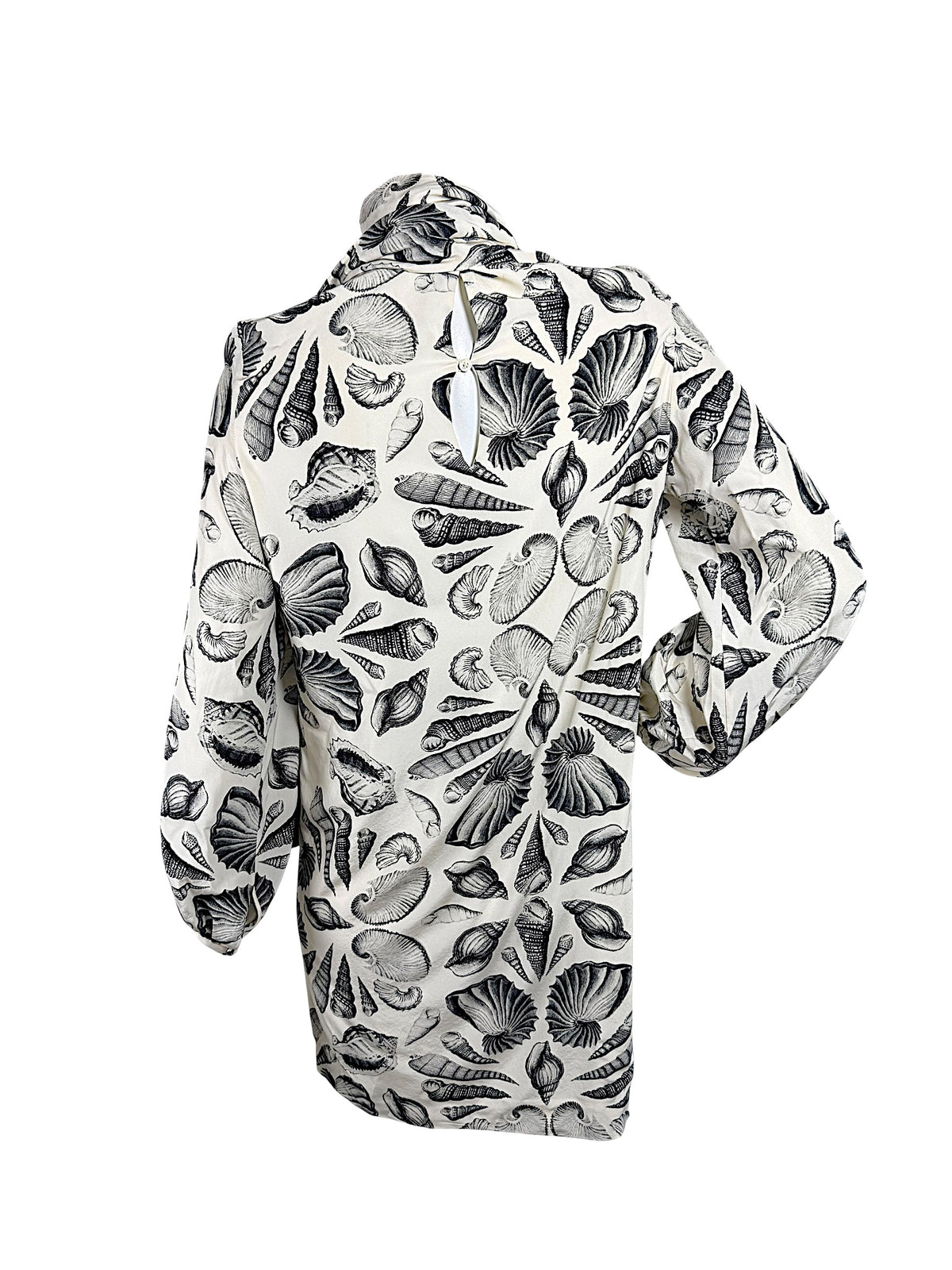 Alexander McQueen Resort 2019 seashell print silk scarf-tie mini dress back view with keyhole closure