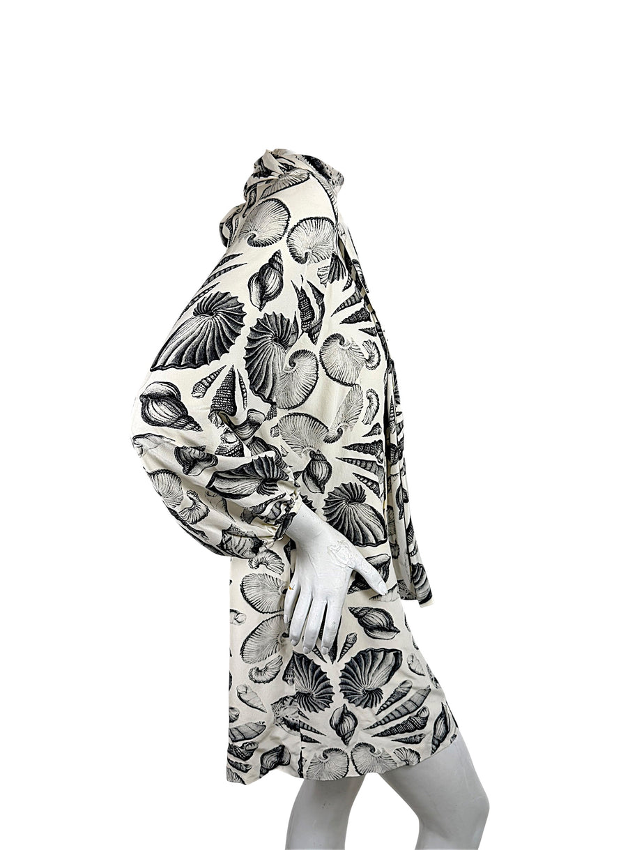 Alexander McQueen Resort 2019 ivory seashell print silk mini dress side view with balloon sleeve