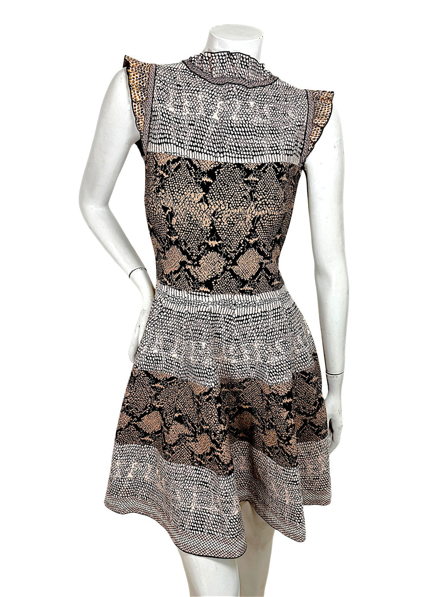 Alexander McQueen snakeskin jacquard knit dress front view with ruffle neckline and fit flare silhouette