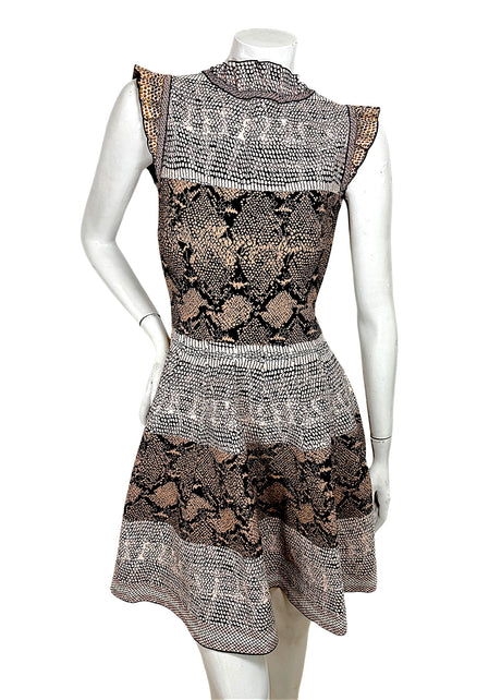 Alexander McQueen snakeskin jacquard knit dress front view with ruffle neckline and fit flare silhouette