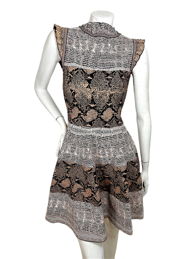 Alexander McQueen snakeskin jacquard knit dress front view with ruffle neckline and fit flare silhouette