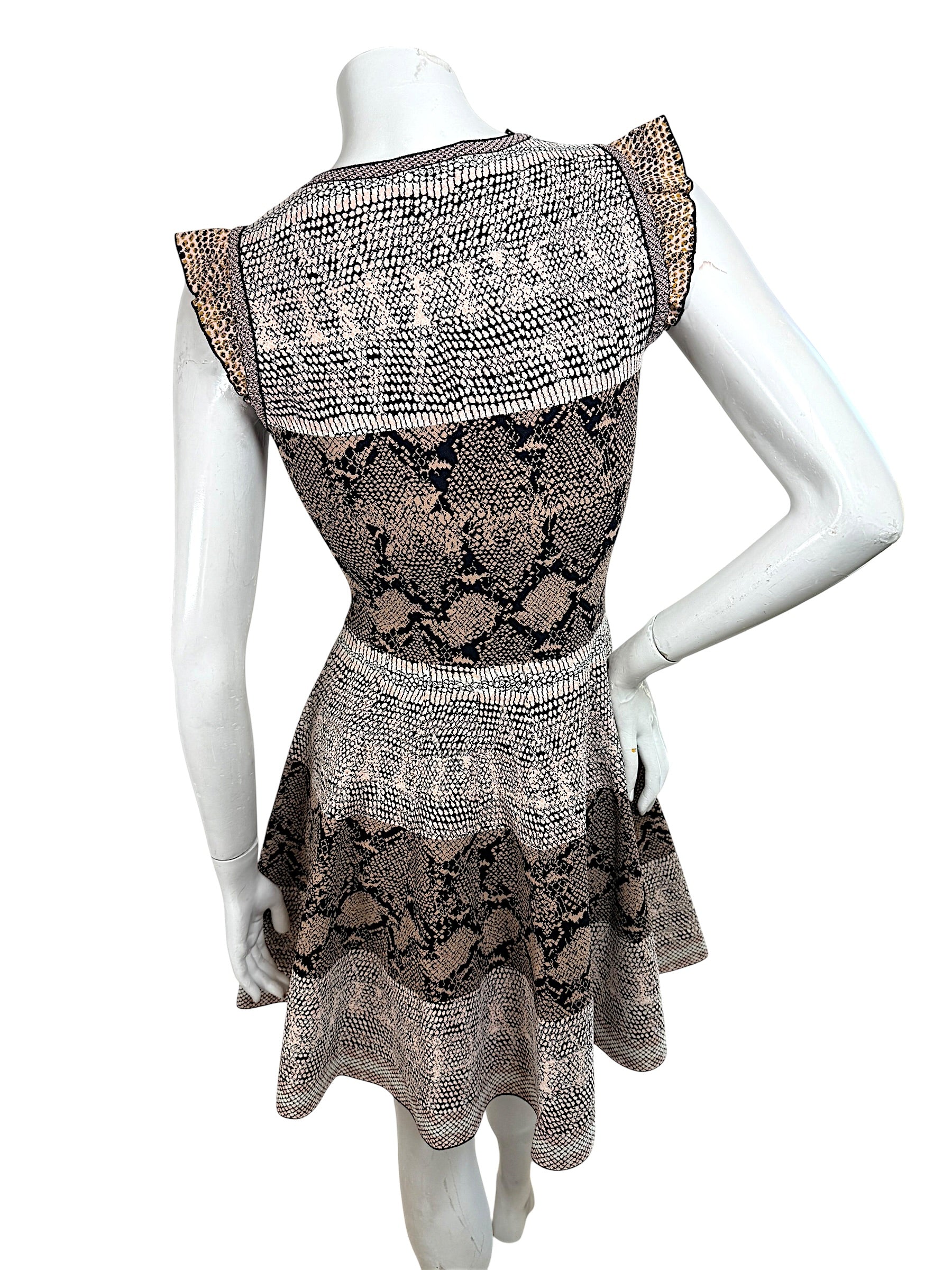 Rear view of Alexander McQueen jacquard knit dress with mixed python print pattern
