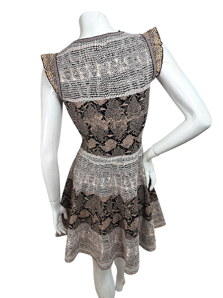 Rear view of Alexander McQueen jacquard knit dress with mixed python print pattern
