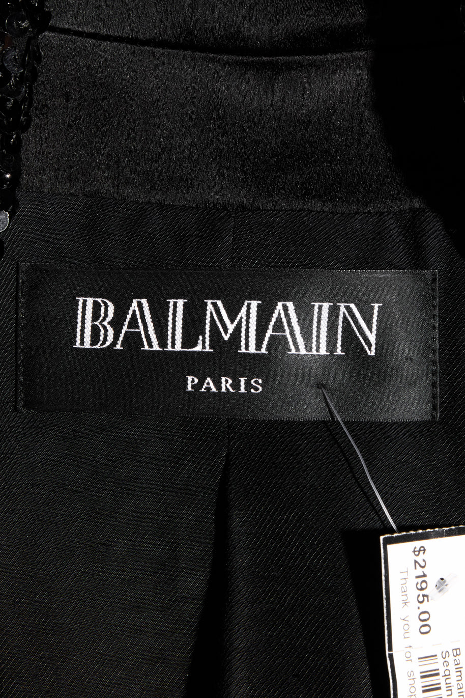 Balmain Paris interior label on black sequin double-breasted blazer
