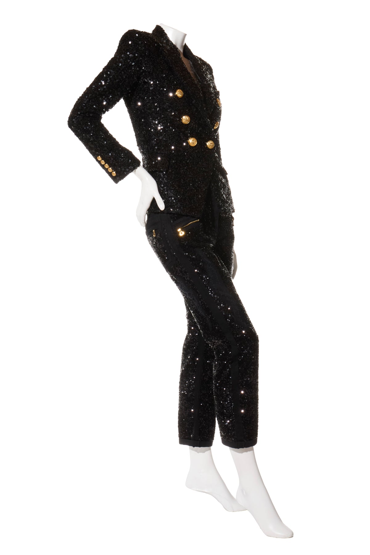 Balmain black sequin blazer and matching pants suit in FR 38, angled front view