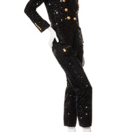 Balmain black sequin blazer and matching pants suit in FR 38, angled front view