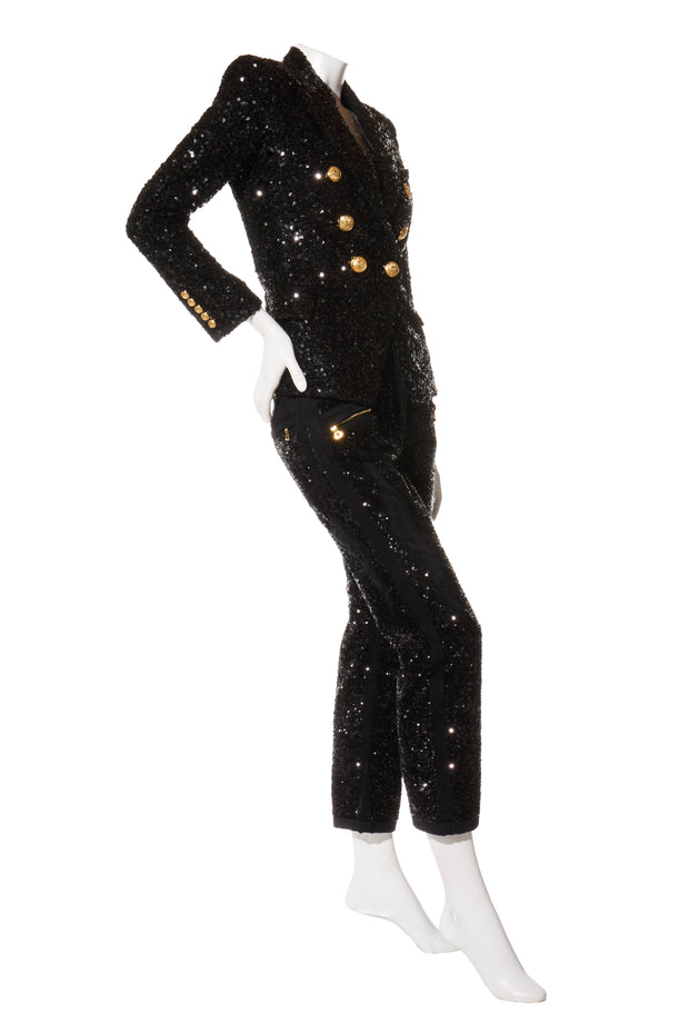 Balmain black sequin blazer and matching pants suit in FR 38, angled front view
