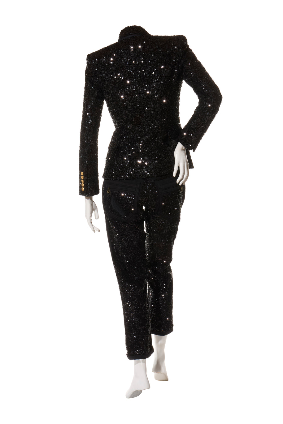 Back view of Balmain black sequin blazer and matching slim pants suit