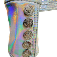 Close-up of Balmain holographic silver jacket cuff with five embossed silver-tone Balmain crest buttons