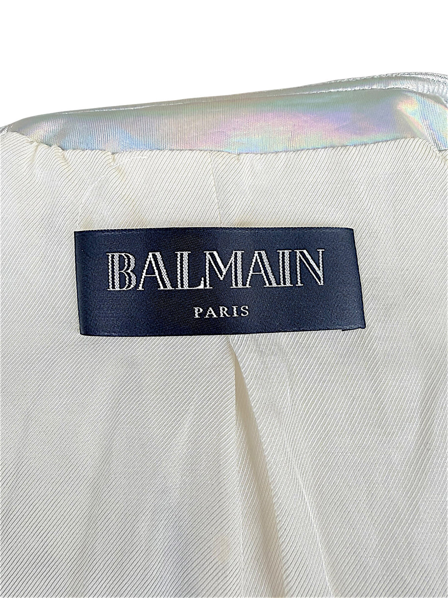 Interior Balmain Paris designer label on Fall Winter 2018 holographic silver quilted runway jacket