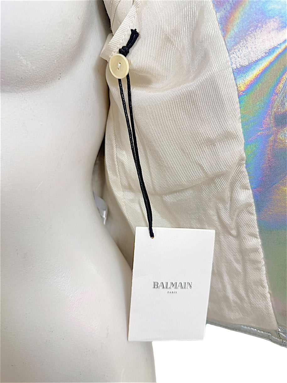 Interior of Balmain Fall 2018 holographic silver jacket showing original Balmain Paris retail hang tag