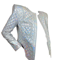Balmain FW18 Look 8 holographic silver quilted jacket angled front view showing structured shoulder, patch pockets and iridescent finish