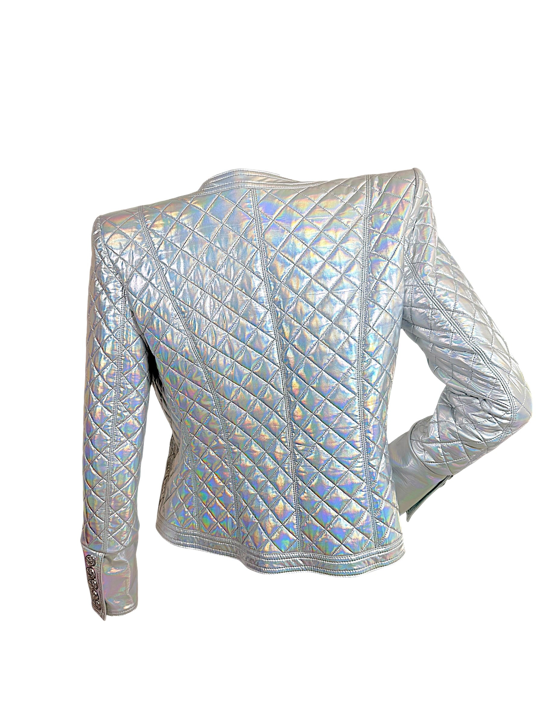Back view of Balmain FW18 Look 8 holographic silver quilted jacket with structured shoulders and allover diamond quilting