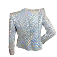 Back view of Balmain FW18 Look 8 holographic silver quilted jacket with structured shoulders and allover diamond quilting
