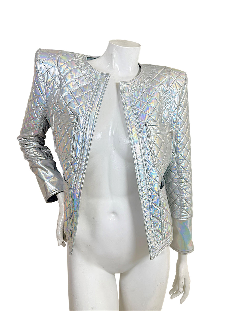 Balmain Fall Winter 2018 Look 8 holographic silver quilted jacket front view with structured shoulders and four patch pockets