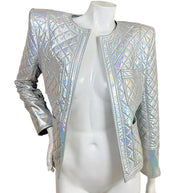 Balmain Fall Winter 2018 Look 8 holographic silver quilted jacket front view with structured shoulders and four patch pockets