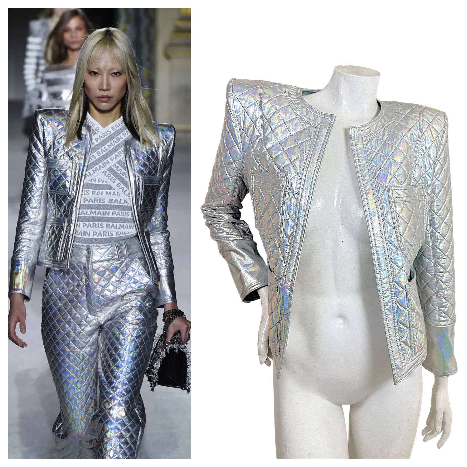 Side-by-side comparison of Balmain Fall Winter 2018 Look 8 runway styling and holographic silver quilted jacket offered for sale