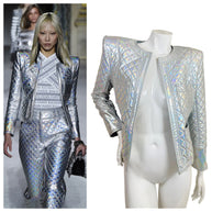 Side-by-side comparison of Balmain Fall Winter 2018 Look 8 runway styling and holographic silver quilted jacket offered for sale