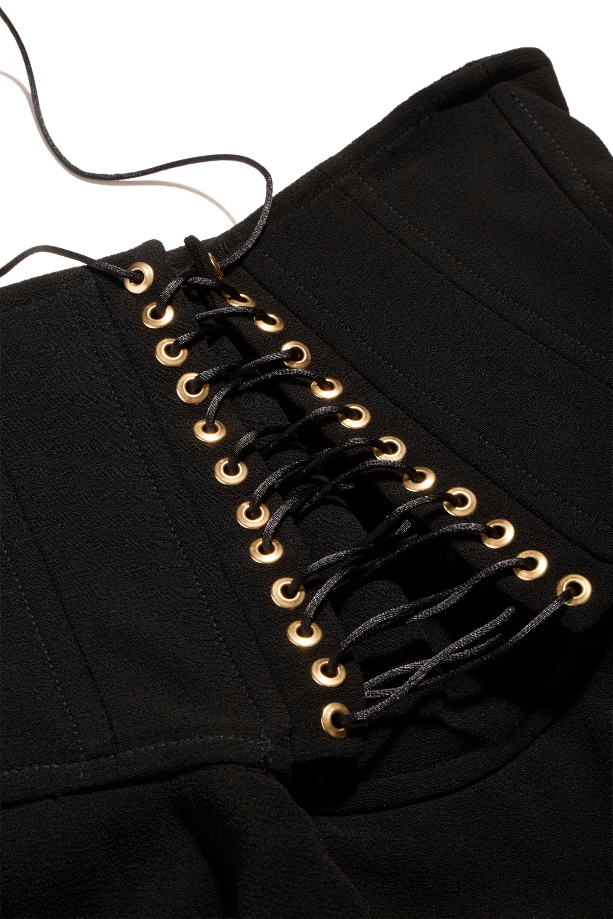 Balmain FW2016 black corset pants gold lace-up waistband detail