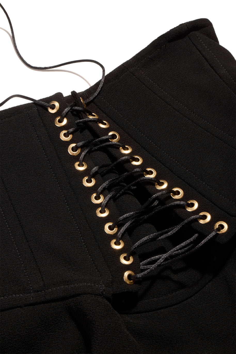 Balmain FW2016 black corset pants gold lace-up waistband detail