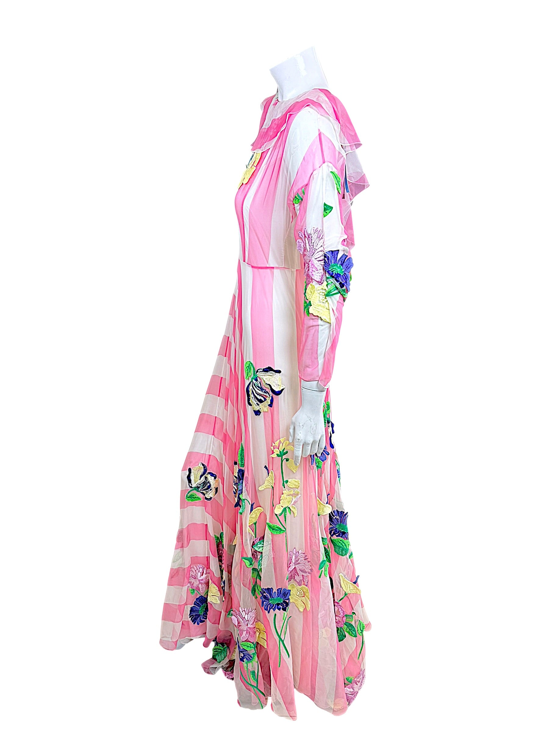 Blumarine Spring 2016 pink striped gown showing sheer long sleeve and multicolor floral embroidery from side