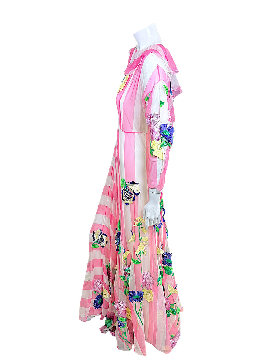 Blumarine Spring 2016 pink striped gown showing sheer long sleeve and multicolor floral embroidery from side
