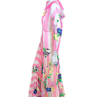 Blumarine Spring 2016 pink striped gown showing sheer long sleeve and multicolor floral embroidery from side