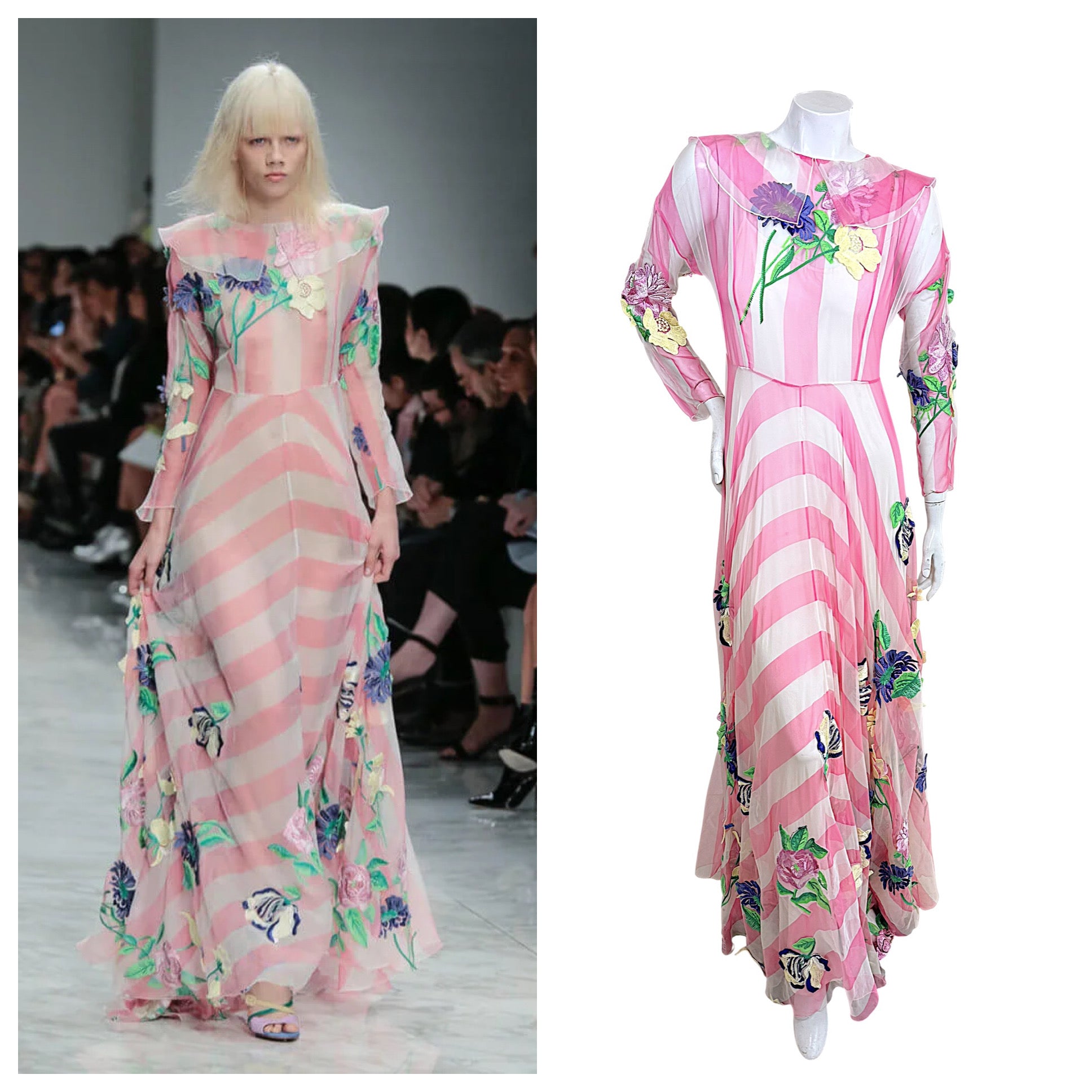 Blumarine Spring Summer 2016 Look 21 runway photo alongside pink striped floral embroidered gown for runway documentation