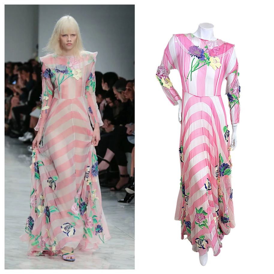 Blumarine Spring Summer 2016 Look 21 runway photo alongside pink striped floral embroidered gown for runway documentation