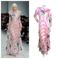 Blumarine Spring Summer 2016 Look 21 runway photo alongside pink striped floral embroidered gown for runway documentation