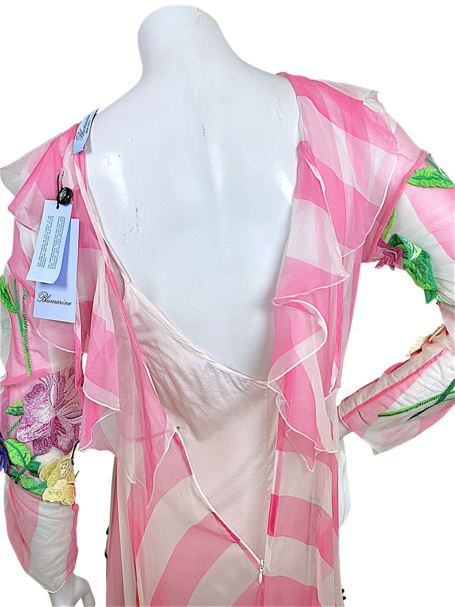 Back detail of Blumarine Spring 2016 embroidered gown showing sheer striped ruffles, open back and blush under-slip