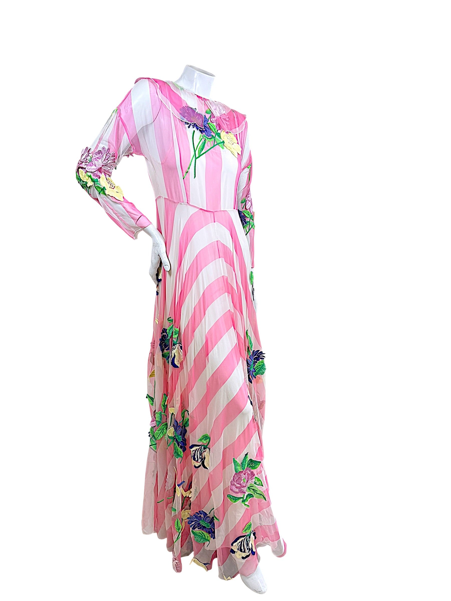Blumarine Spring Summer 2016 runway gown with pink ivory stripes and hand-crafted floral embroidery, three-quarter view