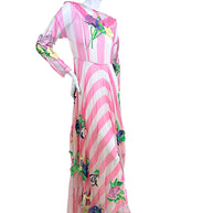 Blumarine Spring Summer 2016 runway gown with pink ivory stripes and hand-crafted floral embroidery, three-quarter view