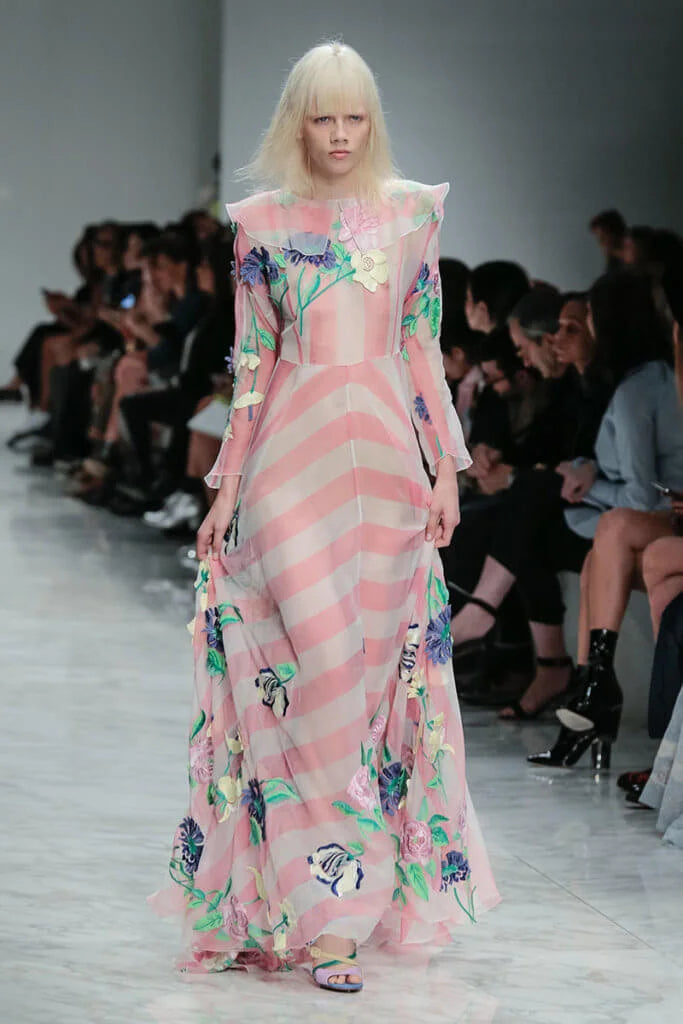 Blumarine Spring Summer 2016 runway Look 21 pink striped floral embroidered gown shown on the runway