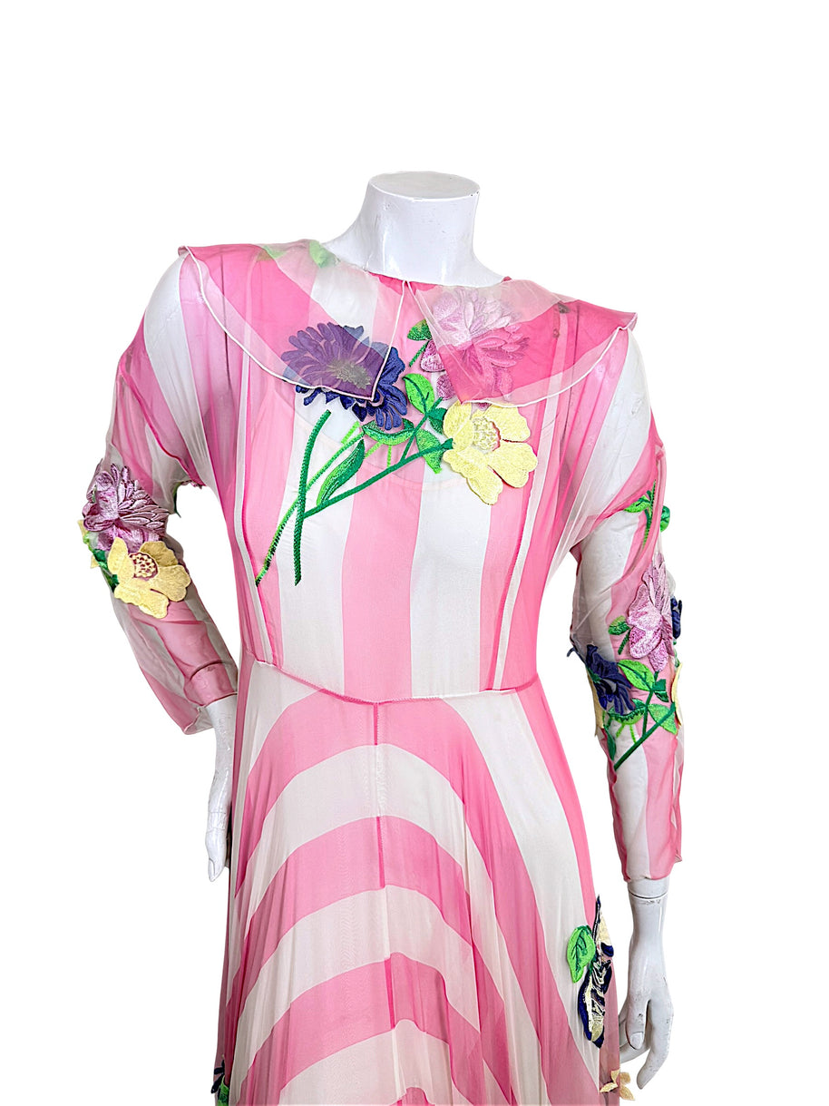 Blumarine Spring 2016 Look 21 pink striped sheer dress with multicolor floral embroidery and ruffled neckline detail
