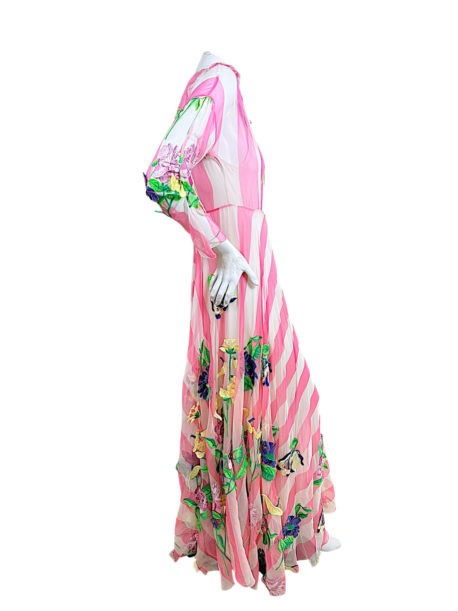 Blumarine SS16 pink and ivory striped maxi dress with multicolor floral embroidery, side profile view