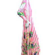 Blumarine SS16 pink and ivory striped maxi dress with multicolor floral embroidery, side profile view
