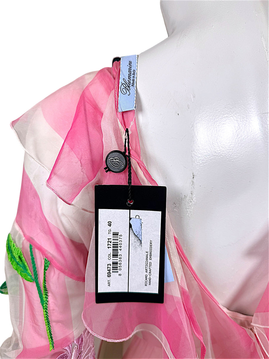 Original Blumarine retail tags on Spring 2016 runway dress showing article 69473, color 1721, size IT 40 and hand-crafted embroidery