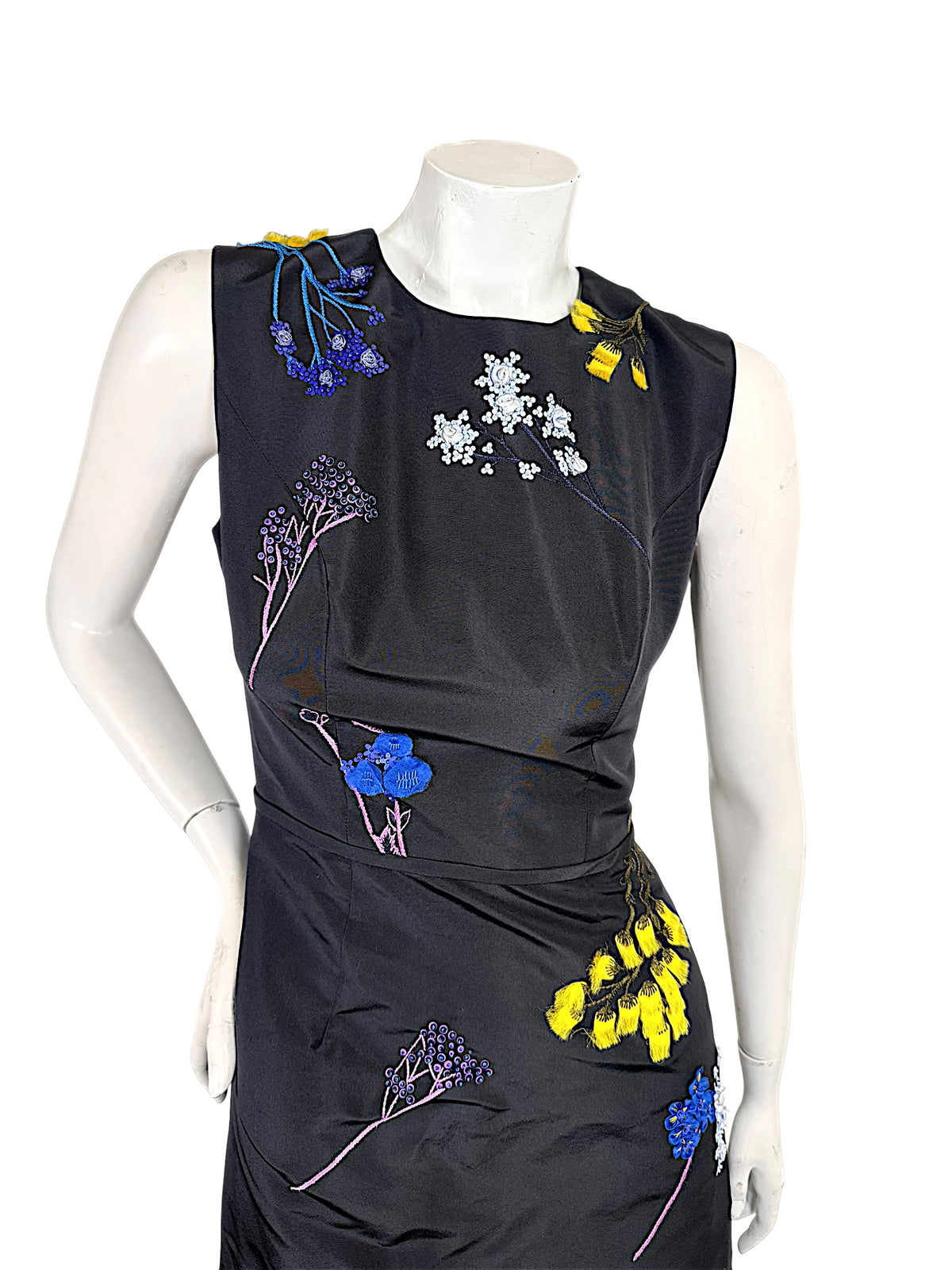Carolina Herrera black silk dress with multicolor floral embroidery bodice detail